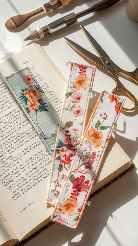 Fabric scrap bookmarks made from linen and cotton strips, topstitched edges, soft pastel and floral patterns.
