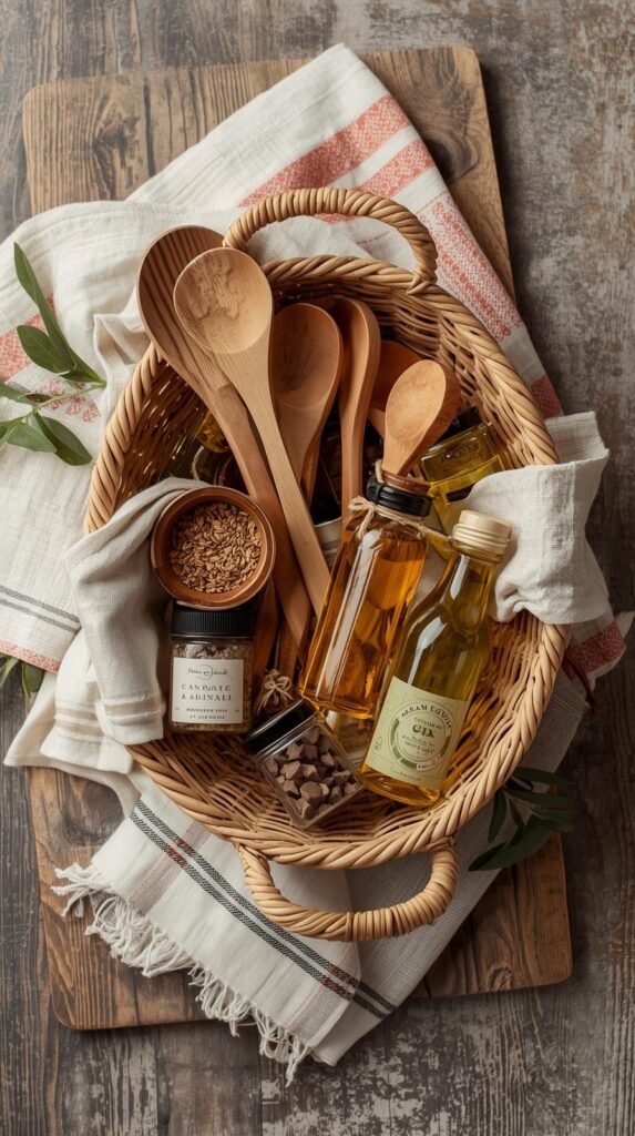 Farmhouse-style basket with olive oil bottles, wooden spoons, spices, and folded kitchen towels. 