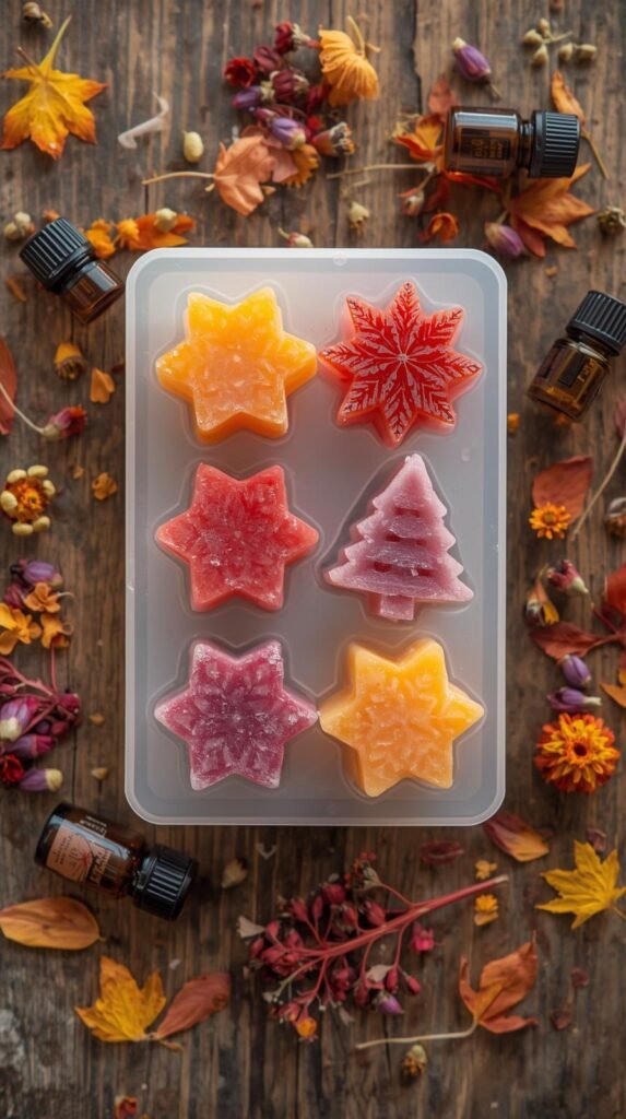 Festive wax melts shaped like stars and trees in silicone molds, displayed with dried flowers and essential oil bottles.