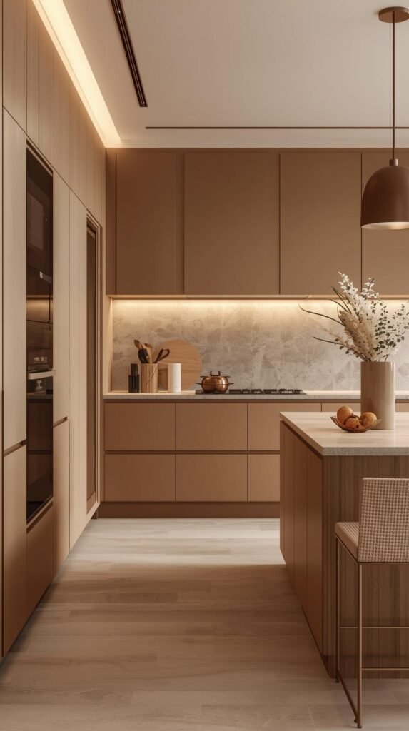 Finished modern kitchen featuring layered textures, warm tones, and cohesive styling. 