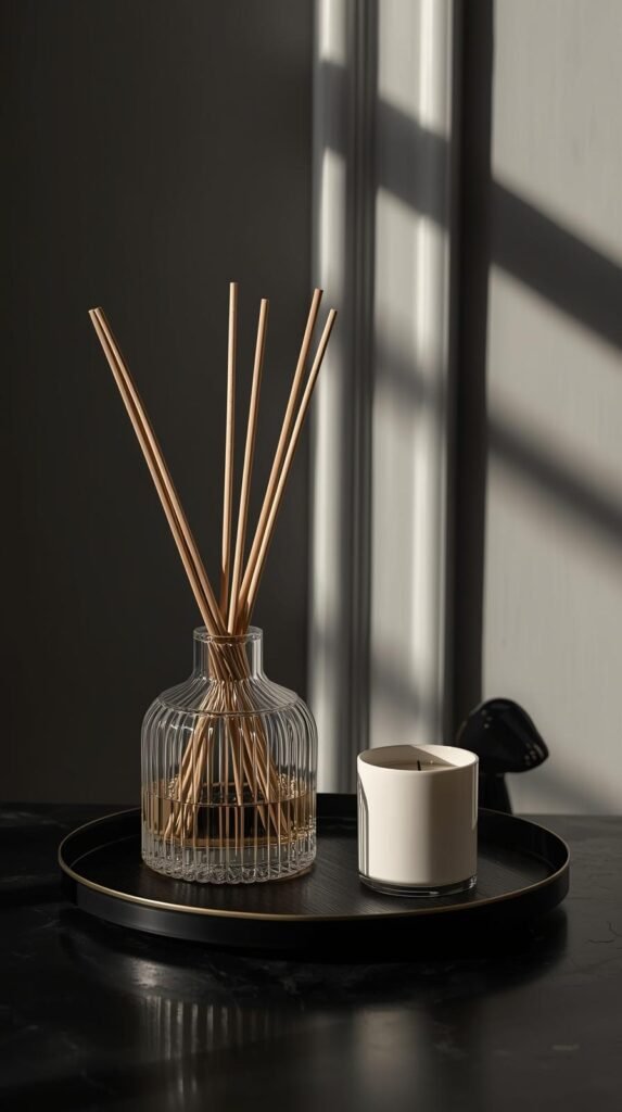 Finished reed diffuser on a black or brass tray with a candle and ceramic match striker.