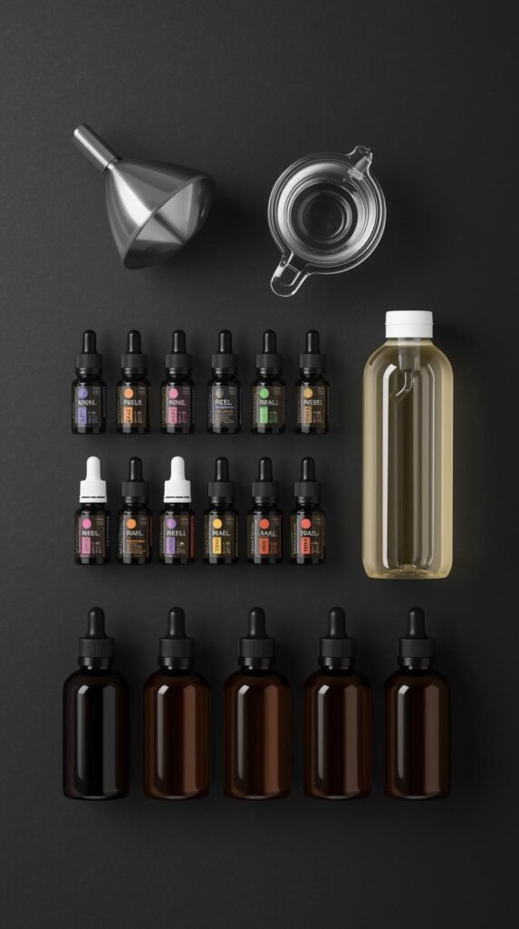 Organized flatlay of DIY reed diffuser materials on a matte black surface: stainless steel funnel, glass measuring cup, essential oils, carrier oil, bold modern amber bottles, clean grid-style layout, crisp lighting, minimal editorial aesthetic, 4K resolution.