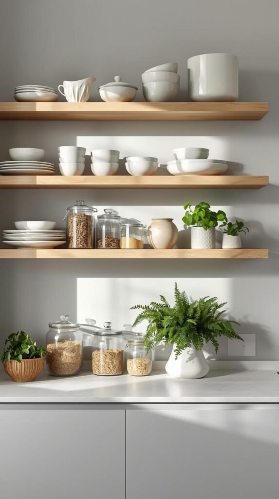 Floating white oak shelves styled with neutral ceramic dishes, clear jars, and potted herbs.