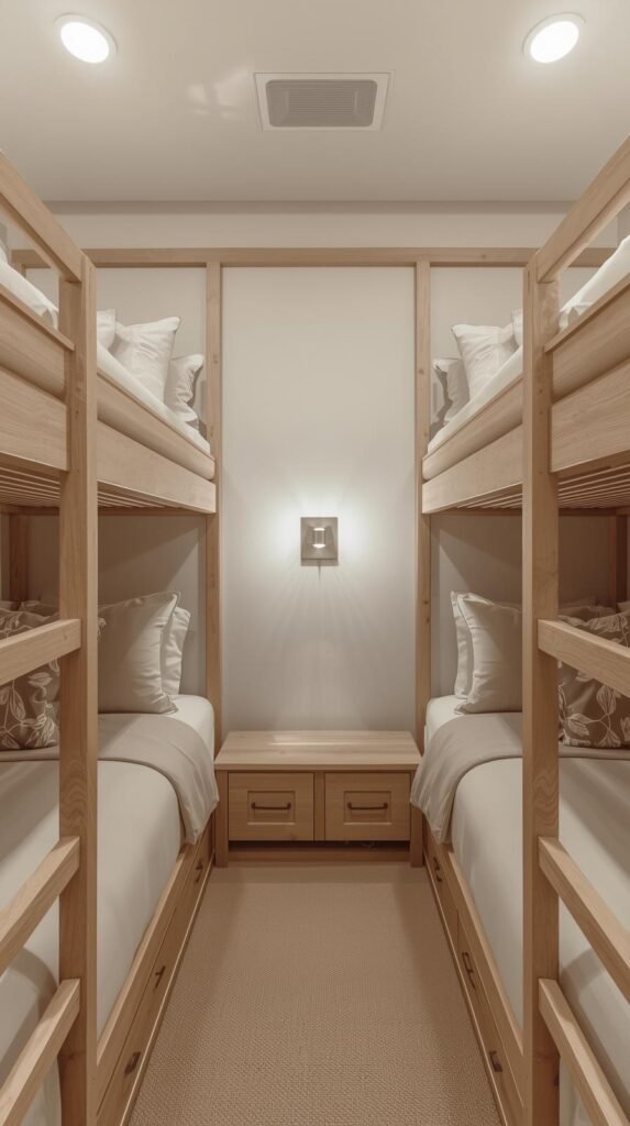 Symmetrical layout with four twin bunks, light wood frames, matching neutral bedding, small wall sconces by each bed.