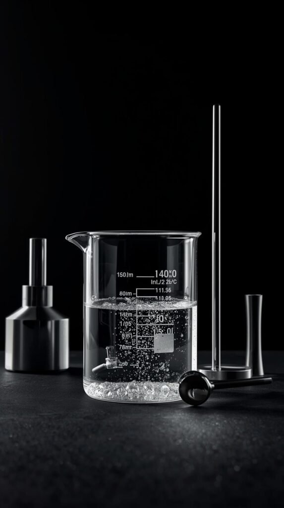 Glass mixing beaker being filled with diffuser base liquid, clear oil texture.