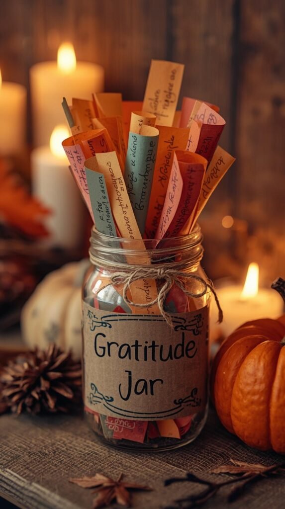Gratitude Jar surrounded by colorful paper strips with handwritten thankful notes.