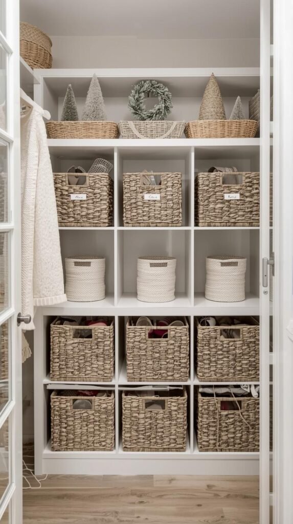 A hallway closet with cube organizers and labeled baskets, Christmas décor stored neatly on top shelves, bright white interior.