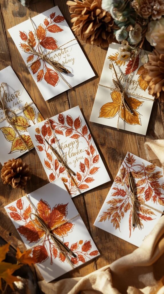 Handmade Thanksgiving cards laid flat on a table, decorated with leaves and tied with twine. 