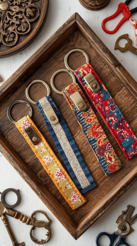 Handmade fabric key fobs using colorful cotton and canvas strips, attached to metal hardware.