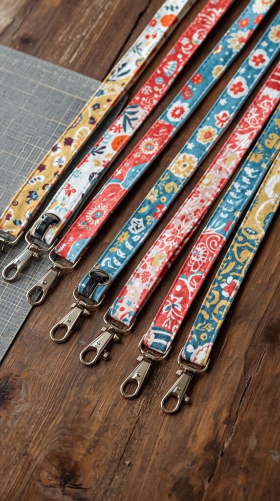 Handmade fabric lanyards sewn from long cotton strips in mixed prints, attached to metal hardware, laid neatly on a crafting table.