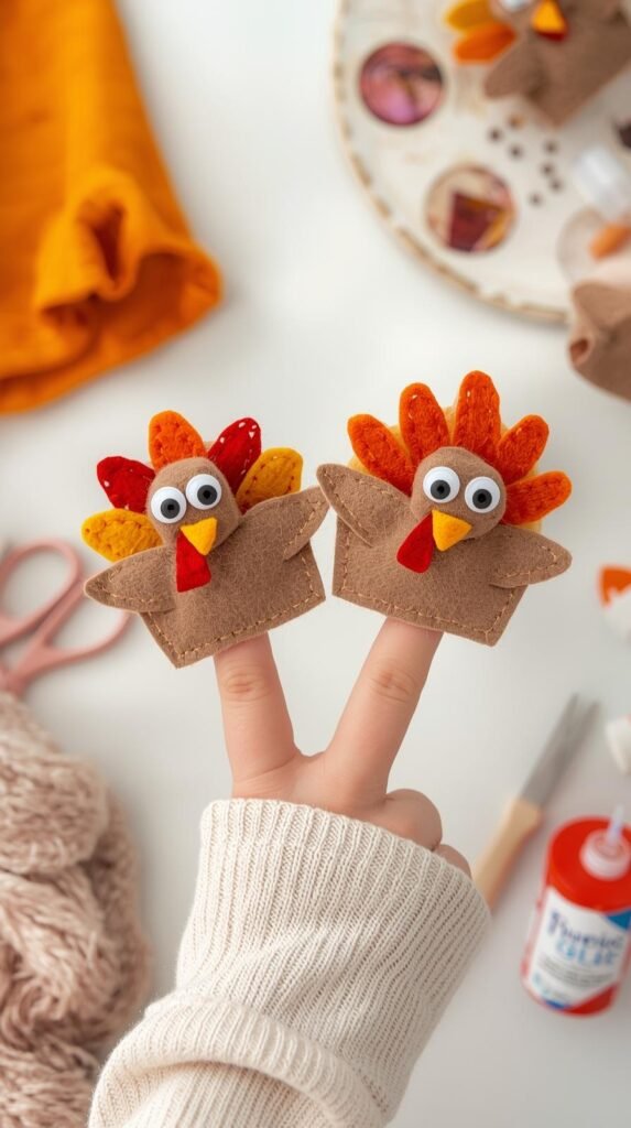 Handmade felt turkey puppets with colorful feathers and googly eyes on kids’ fingers.