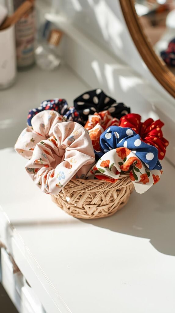 Handmade hair scrunchies sewn from patterned cotton fabric scraps in florals, polka dots, and bold geometric prints.