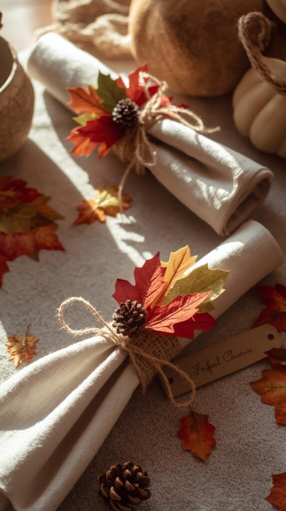 Thanksgiving table setting featuring handmade napkin rings made from paper towel rolls wrapped in burlap and twine. 
