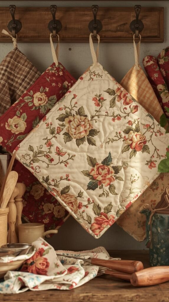 Handmade quilted hot pads using thick cotton and vintage floral scraps, hanging on kitchen.