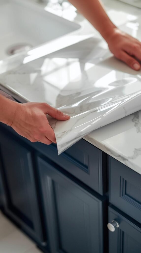 Hands smoothing white marble peel and stick vinyl across a countertop.
