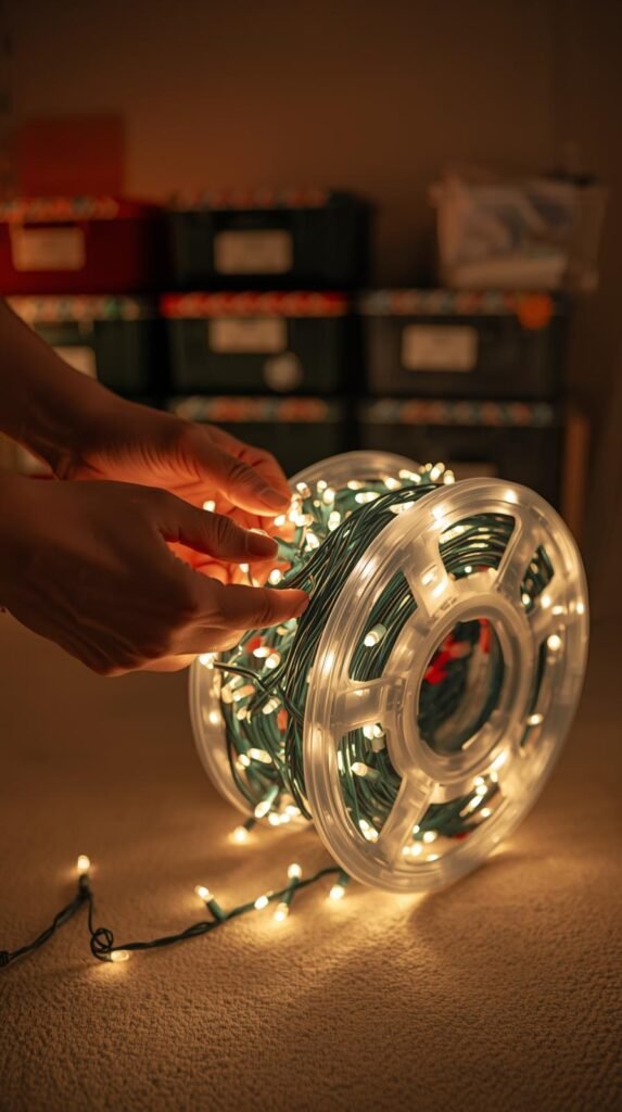 Hands wrapping Christmas lights around a plastic storage reel, warm neutral background.