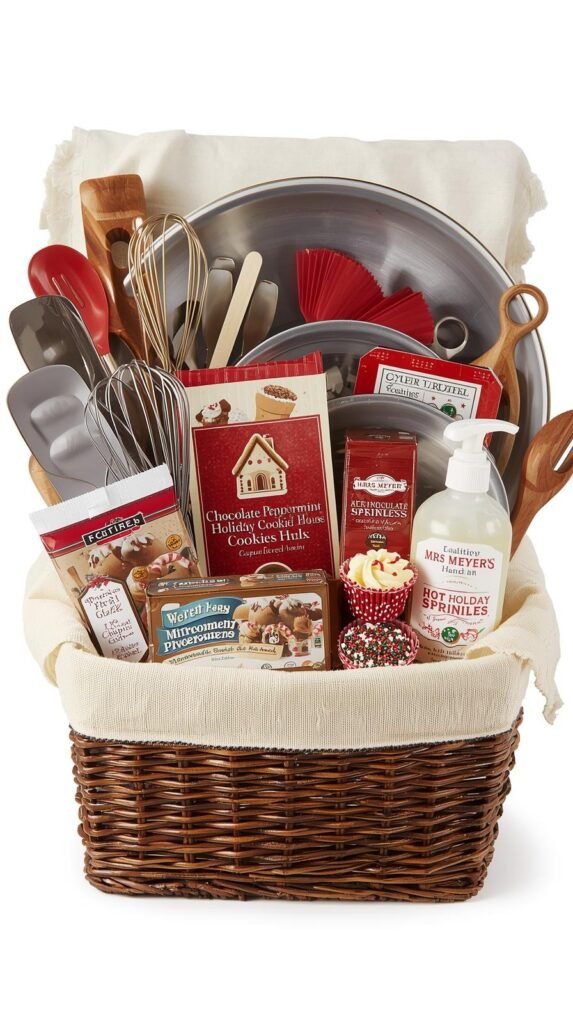 A festive holiday baking gift basket arranged in a woven brown basket lined with cream fabric. The basket is filled with baking essentials including mixing bowls, cookie sheets, wooden spoons, a whisk, spatulas, and measuring cups. Also included are a Chocolate Peppermint Holiday Cookie House Kit, Hot Cocoa Cookie Mix, holiday sprinkles, red-and-white cupcake liners, and Mrs. Meyer’s hand soap. 