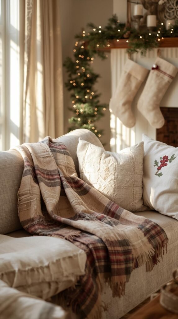 Holiday living space with beige and cream tones, plaid throw blanket, linen stockings, red and green accents.