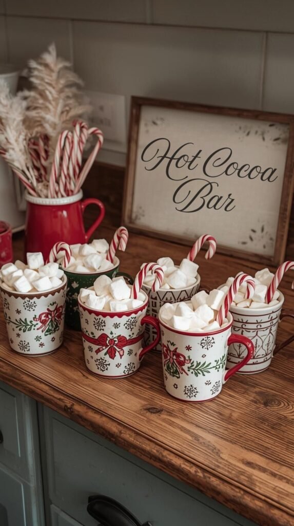 Hot cocoa bar setup with thrifted holiday mugs, marshmallows, candy canes, and festive signage on a cozy kitchen counter.