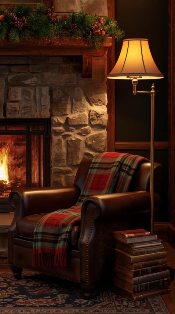 Inviting reading nook beside a stone fireplace. 