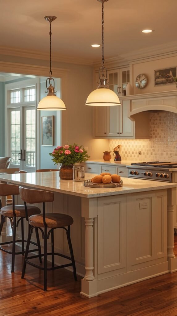 Kitchen island lit by enamel dome pendant lights with chrome trim, surrounded by pastel cabinetry and checkered tile backsplash.