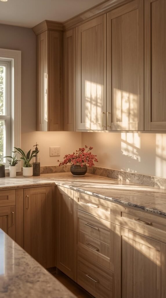 A cozy, finished kitchen scene with cabinets, under cabinet lighting, brass handles, and a vase.