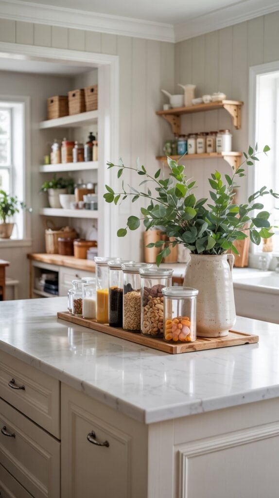 Kitchen with decluttered counters, pantry bins visible, and glass food containers neatly arranged.