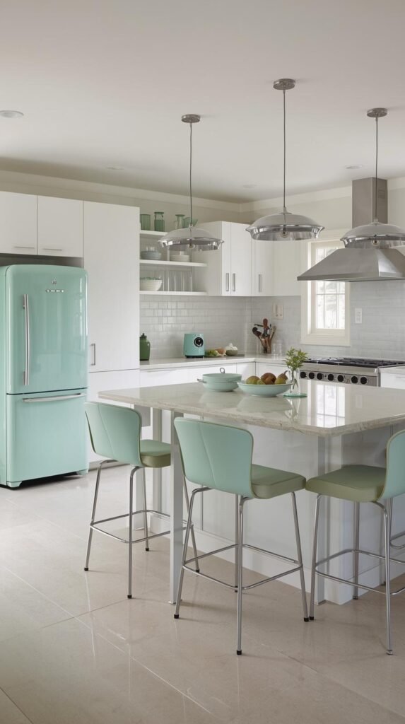 A modern kitchen with vintage touches — quartz countertops, retro bar stools, mint green appliances, and chrome pendant lights. Clean layout, even lighting, mid-century-modern balance.