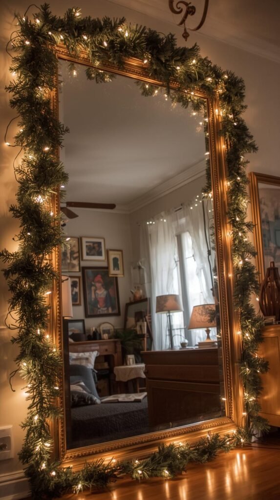 Large thrifted mirror reflecting warm holiday lights, surrounded by framed art and garland in a softly lit living room.