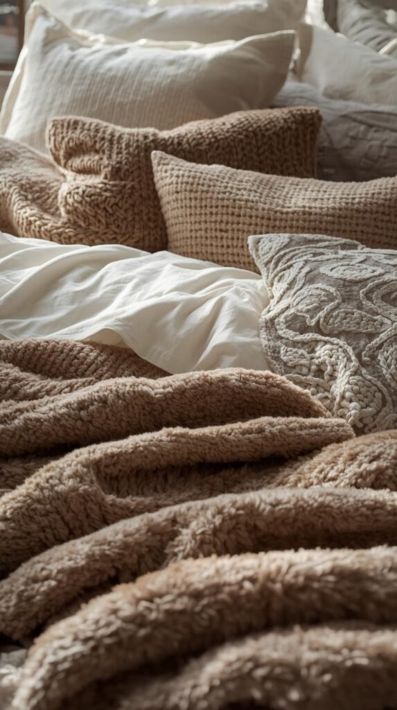 Layered bedding with linen sheets, velvet throws, and textured pillows in warm neutrals. 