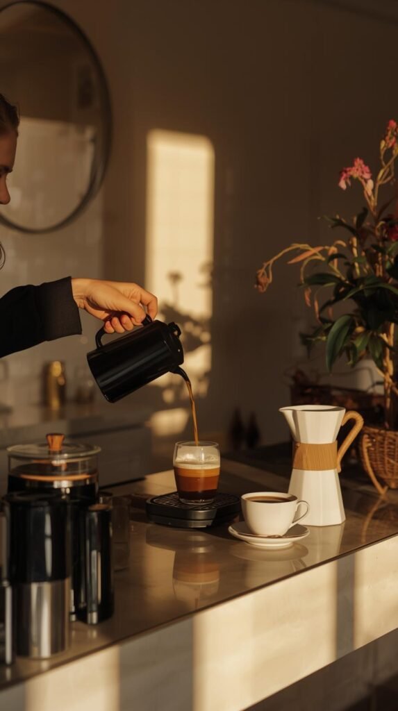 Lifestyle photo of someone pouring coffee at a modern home coffee bar. 