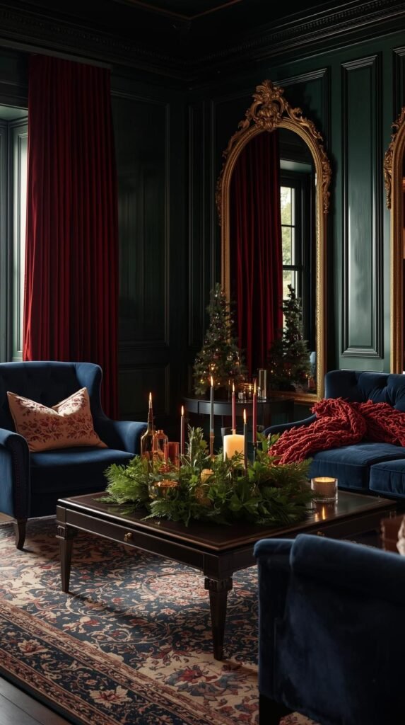 Elegant living room showcasing deep forest green paneling, burgundy velvet curtains, navy armchairs, and gold framed mirrors. Styled coffee table with candles and greenery, plush textures and layered textiles. 