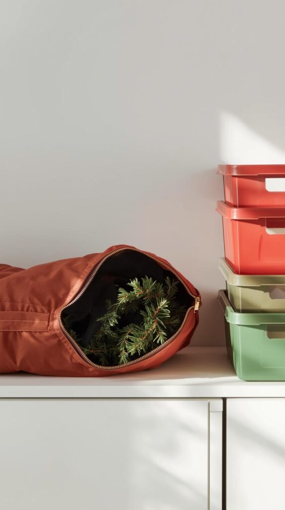 “Long zippered garland storage bag laying open with neatly coiled greenery inside.