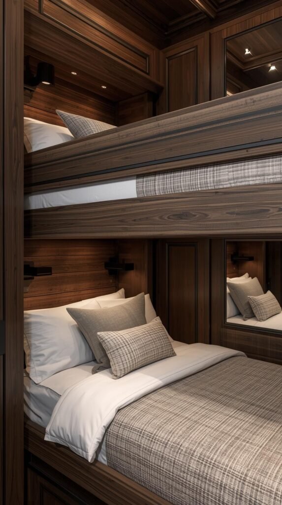 Luxury cabin-style queen bunk beds in dark walnut wood, crisp white linens.
