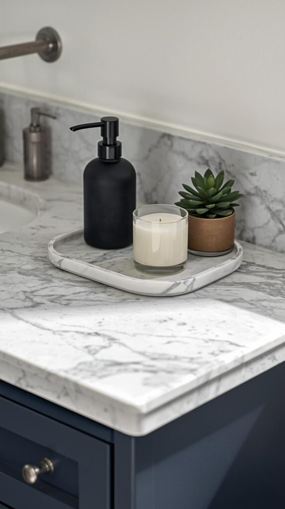 Marble style bathroom countertop decorated with a black soap dispenser, small marble tray, candle and tiny plant.
