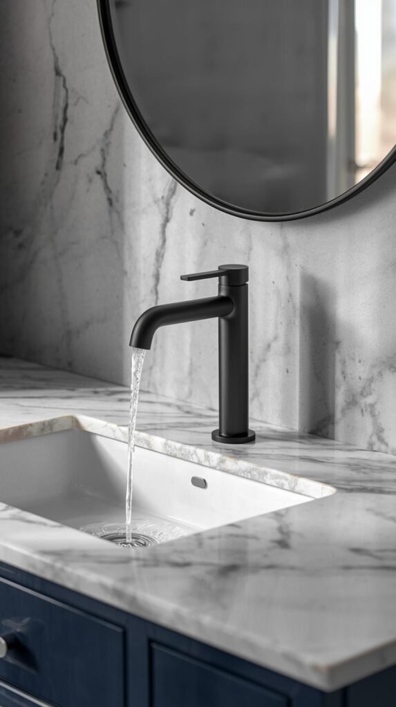 Matte black single handle bathroom faucet mounted on a marble style countertop.
