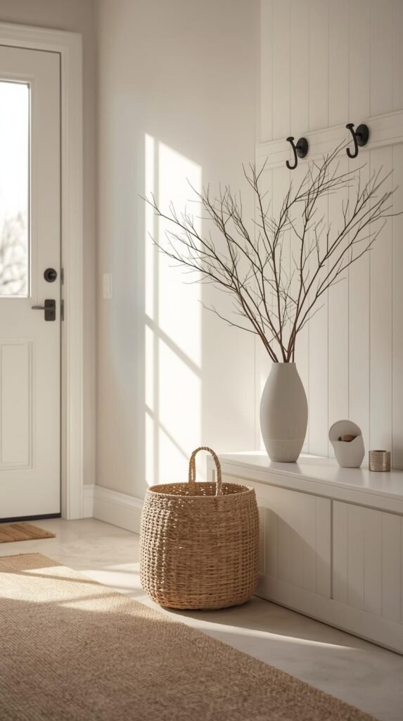 Minimal winter entryway decor, woven basket on floor, simple greenery branches in ceramic vase.