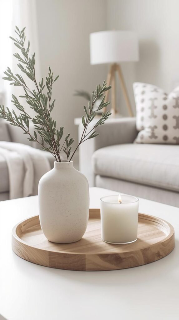 Minimalist winter coffee table styling, ceramic vase with greenery, wooden round tray.