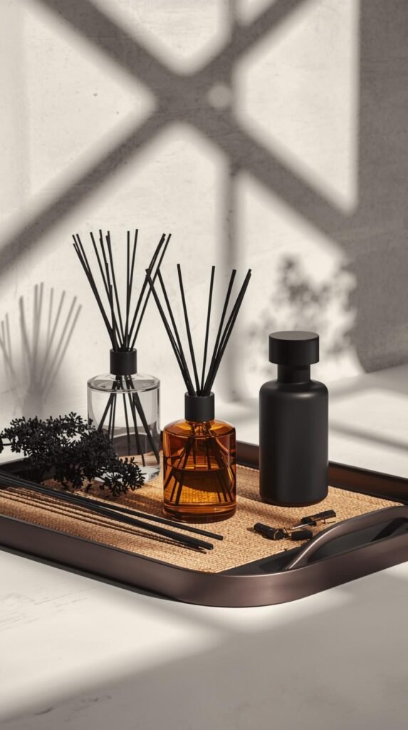 Modern diffuser bottles in clear, amber, and matte black glass, arranged on a sleek tray with natural rattan and black fiber reeds.