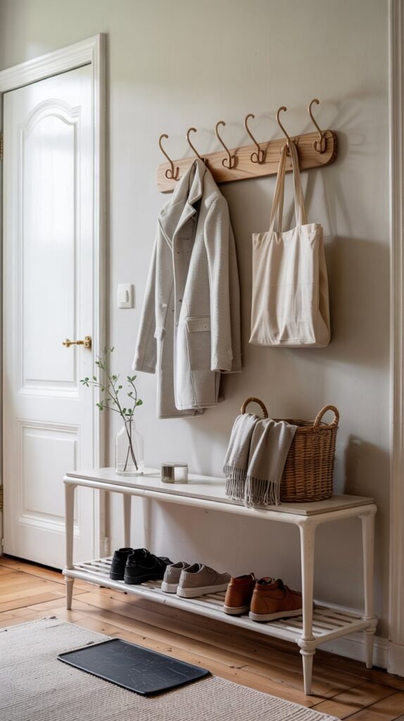 Modern entryway with clean shoe storage, a neutral doormat, and a woven basket for scarves. 