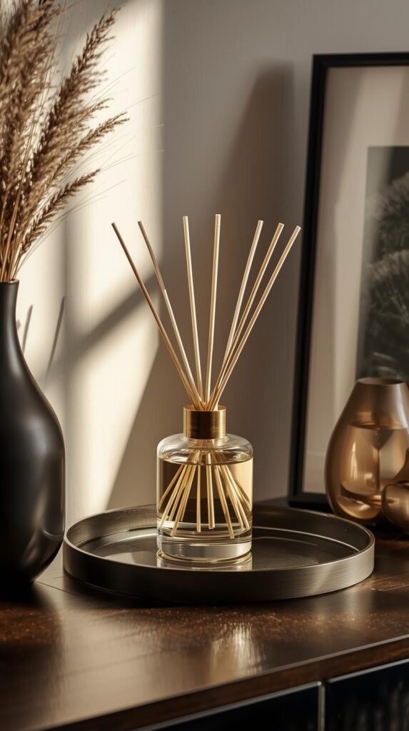 Modern home vignette showing a completed reed diffuser displayed on a sleek tray.