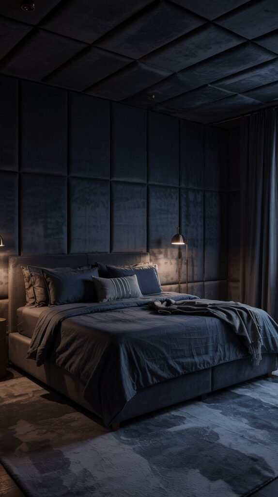 Wide shot A moody bedroom painted in a near-black shade of inky navy with a matte finish, trim and doors painted the same color for a seamless cocoon effect; large color swatches taped to two different walls, soft evening light from a window revealing subtle depth in the paint, minimal furnishings to emphasize the wall color, no overhead lights on.