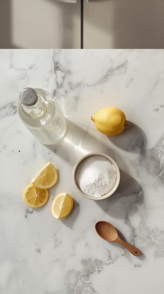 Natural cleaning ingredients: white vinegar bottle, small bowl of baking soda, lemon slices, and a wooden spoon.