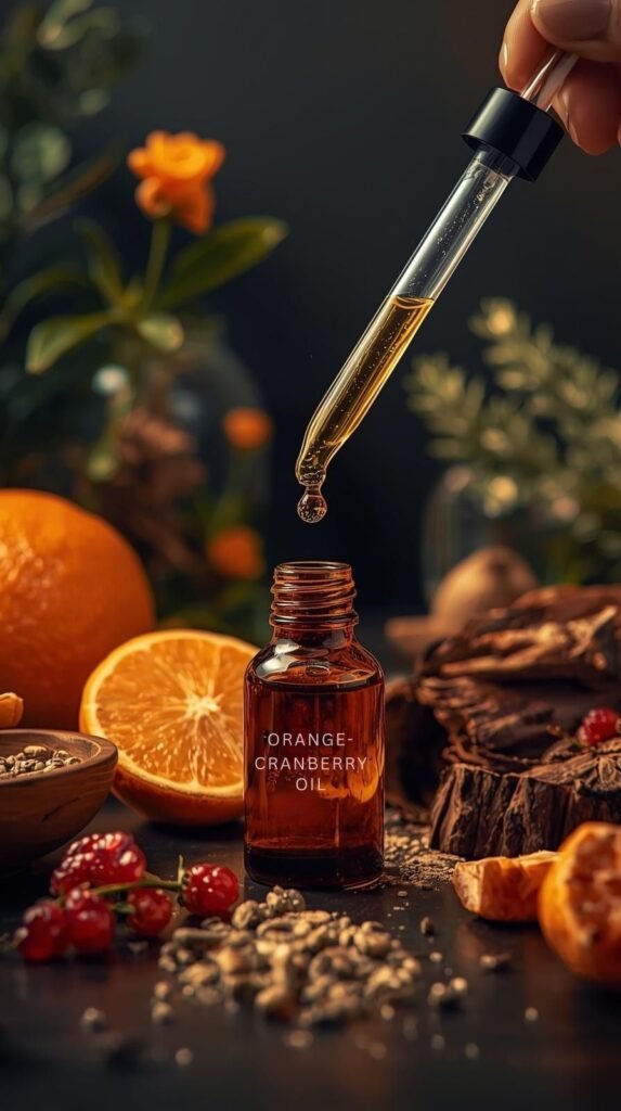 Essential oils and fragrance oils being blended in a small amber beaker, pipette dropping oil into mixture, background of bold modern citrus, woods