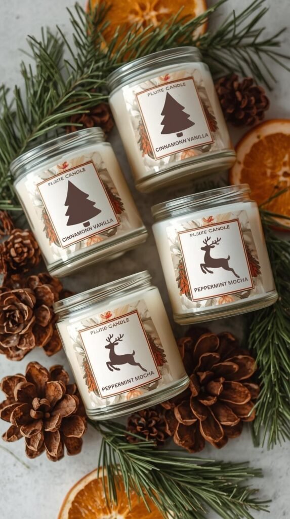 Soy candles in glass jars labeled with holiday scents like Cinnamon Vanilla and Peppermint Mocha surrounded by pinecones and dried orange slices.