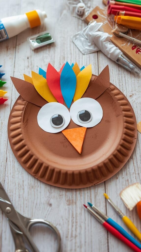Paper plate painted brown with colorful paper feathers, googly eyes, and a paper beak. 