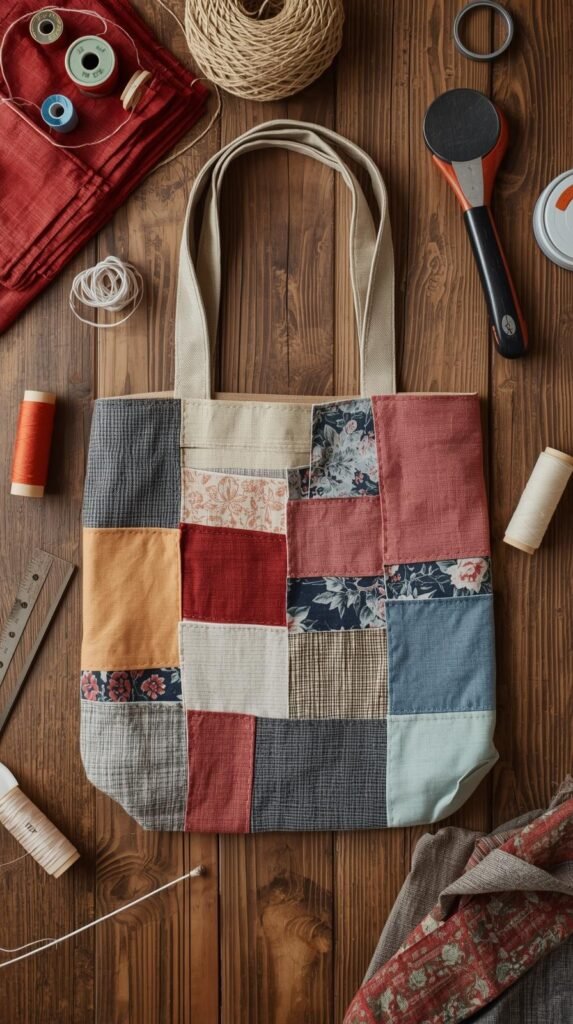 Patchwork tote bag front panel made from cotton and linen scraps in coordinated colors, placed flat on a sewing table with thread.