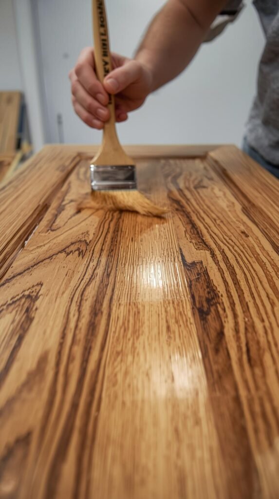 Action shot of a person brushing the first coat of liquid wood in long strokes across a cabinet panel. 