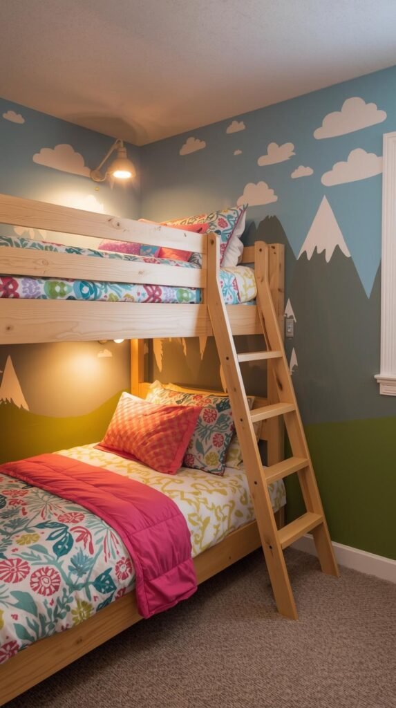Playful children’s bunk room with bright colors, climbing ladder, mountain-themed mural, fun bedding.