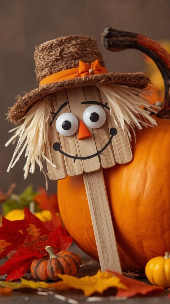 Popsicle stick scarecrow with googly eyes and a straw hat, propped up against a pumpkin. 